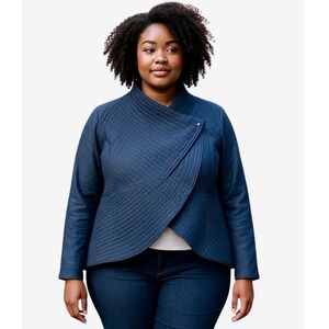 Eien Womens Quilted Jacket 1X Navy Blue Denim Style Wrap Front Peplum Quilted
